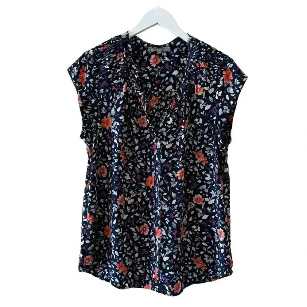 Anthropologie Danielrainn Floral Print Blouse Top Short Sleeve Chiffon L #2205
